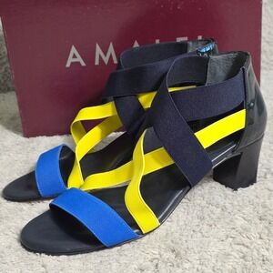 Amalfi By Rangoni Italian Leather Navy Blue Yellow‎ Stretch Sandals Women 8M NEW